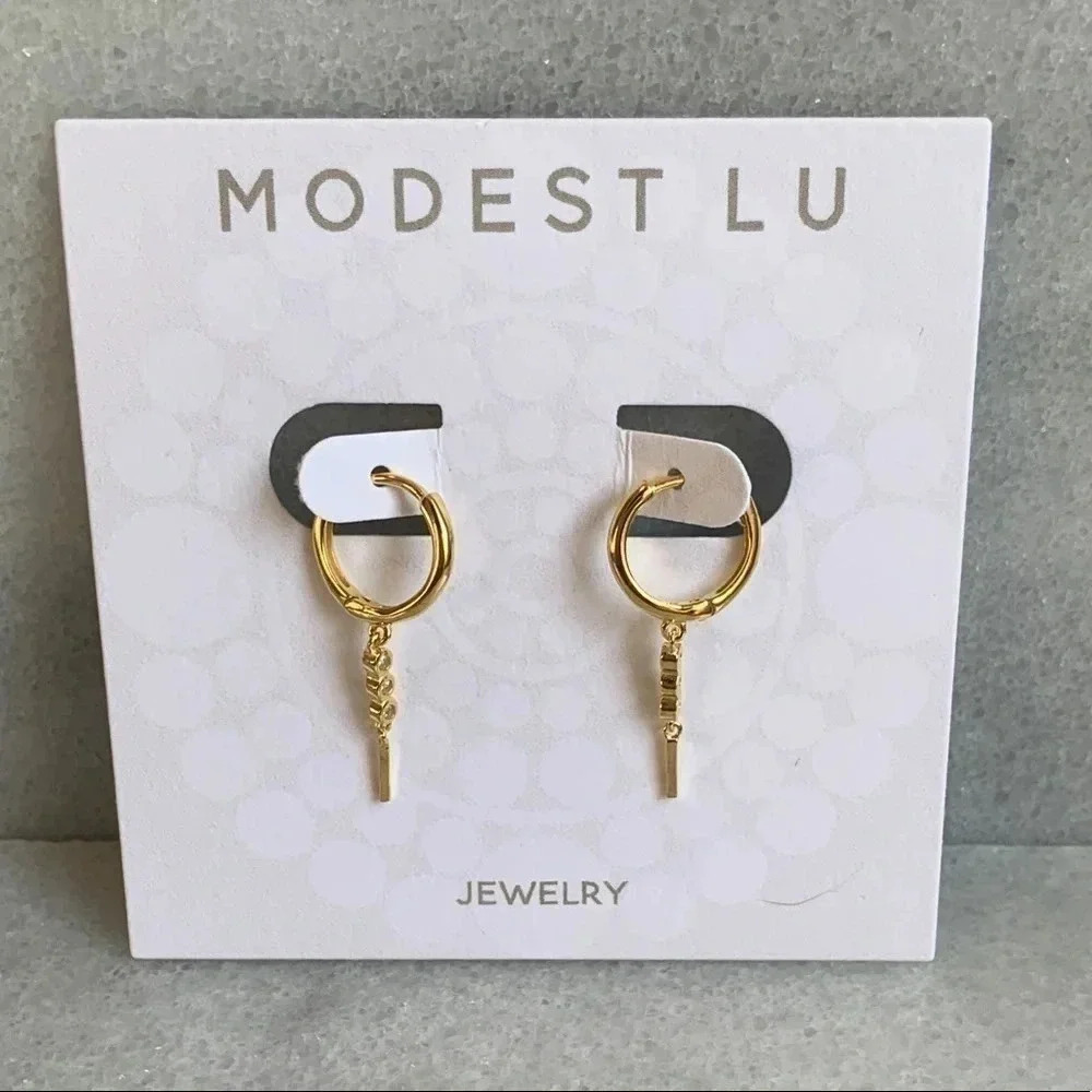 18K Gold Huggie Crystal Dangle Hoop Earrings - Picture 5 of 5